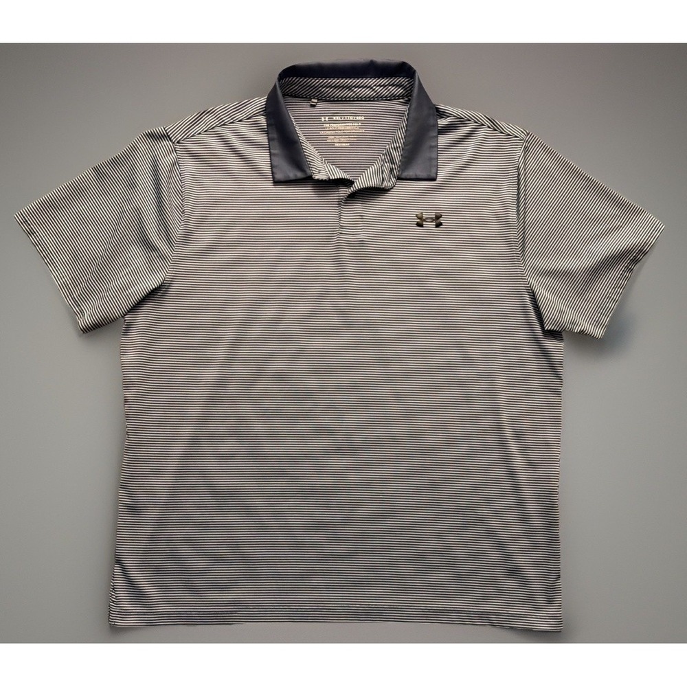 Under Armour Short Sleeve Performance Polo Shirt Blue Gray Striped Logo XXL JBHS